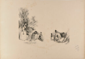 Sheet of two sketches: young woman with children; seated old man with child