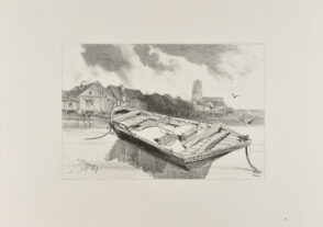 Moored Boat with View of a Village in the Background