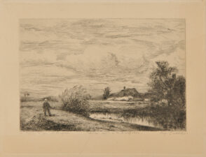Man in Field near a Pond, with a Cottage in the Distance