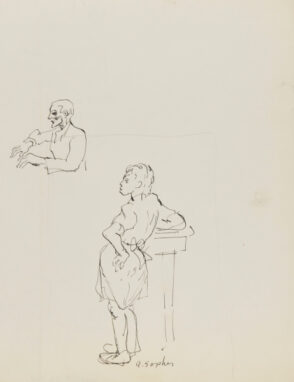 Woman Leaning Against Table