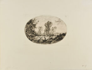 Landscape with two cranes on the edge of a pond