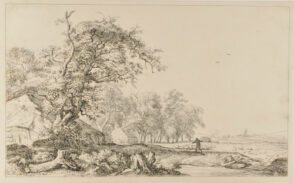 Landscape with Large Tree and Farm Building at Left, with Man Driving Flock of Sheep