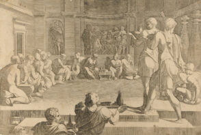 Men and Woman at Feast with Servants Bearing them Food