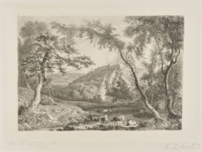 Italian Landscape; Cattle Drinking from Stream in Foreground