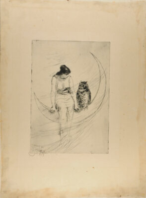 Girl and Owl on the Crescent Moon