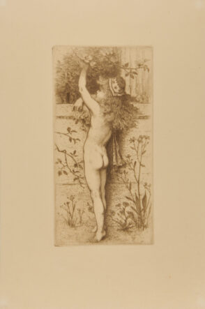 Small Nude Girl Picking Flowers over a Garden Wall