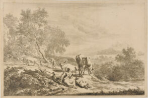 Landscape, with Man Plowing at Left, and Woman Spinning in Foreground