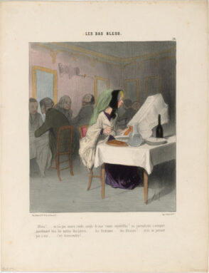 La Présidente Criant à Tue-Tête – Mesdames! … vous violez formellement l’article 3 de notre réglement… lequel porte que les académiciennes ne parleront jamais plus de cinq à la fois!… je vous rappelle toutes à l’ordre… et au silence!….. puisque ma sonnette est impuissante…. je lève la séance et je mets mon chapeau!… jettez maintenant tant que vous voudrez vos bonnets par dessus les moulins!..