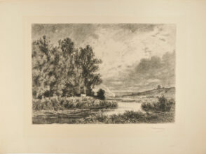 River Landscape with Man in Boat Fishing
