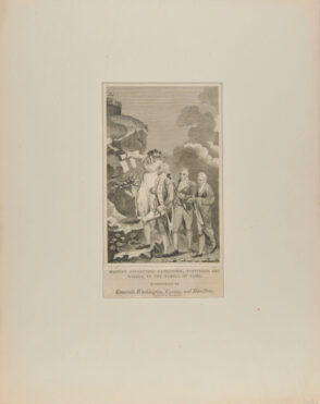 History Conducting Patriotism, Fortitude and Wisdom to the Temple of Fame, Personified by Generals Washington, Green and Hamilton