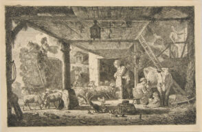 Flock of Sheep Coming out of a Stable