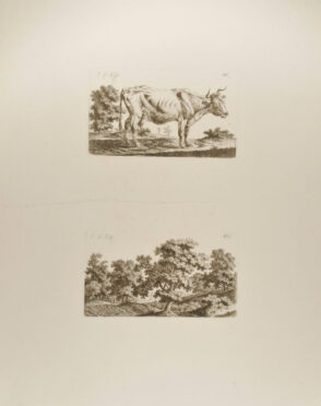 Standing Cow, Facing Right (top); Landscape with Two Silhouetted Figures (bottom)
