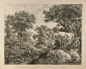 Three Resting Cows and a Standing Cow on a Hill