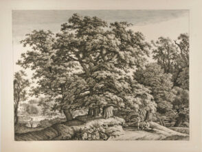 Four Oaks on an Embankment, with Two Men and a Boy in Conversation beside a Road