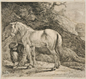 Peasant Kneeling Next to a White Horse