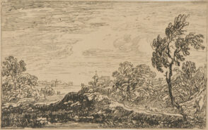 Landscape with Houses and Sailboat in Distance