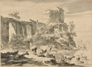 Woman Milking a Cow Near a Ruin on a River
