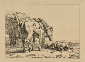 Horse Standing by a Hay Cart