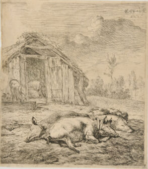 Three Pigs Lying in Front of a Stable