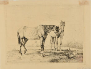 Two Horses, Man Fishing in Background