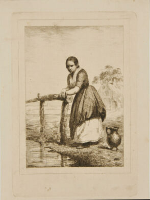 Dutch Peasant Woman Standing by Wooden Rail
