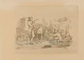 Der Schulmeister in der Schule schneidet sich die Feder