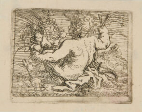 Child Holding Spade and Cornucopia of Fruit