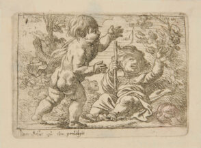 Two Children, One Standing, One Sitting on Ground