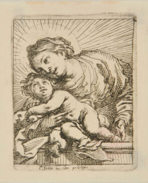 Virgin, Turned to Left Leaning Over Child, Reclining on a Pillow