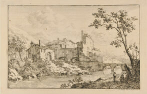 Buildings on the Bank of a River Spanned by a Two-Arched Bridge