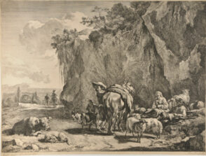 A Woman Spinning and Peasants with Flock at Foot of Cliff