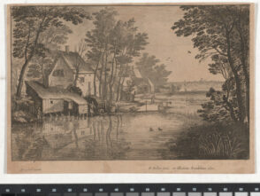 Peasant Houses by a Stream and Man Fishing