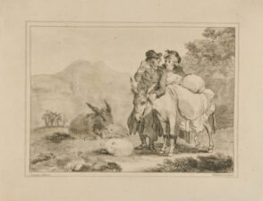 Man and Woman Standing by a Donkey with a Pack