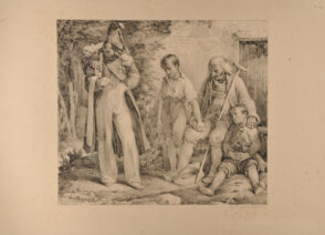 Soldier and old man with crutch and children