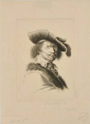 Portrait of a Man with Curly Hair, Wearing a Cap with Feathers