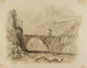 River Landscape; Mountains in Distance, Heron in Foreground