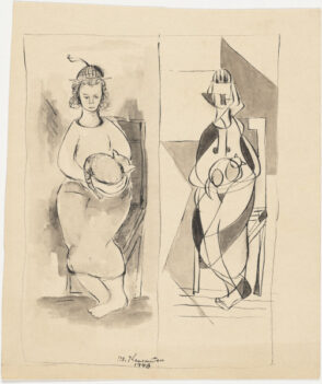 Woman Holding a Cat Rendered Naturalistically and Geometrically in Halved Composition