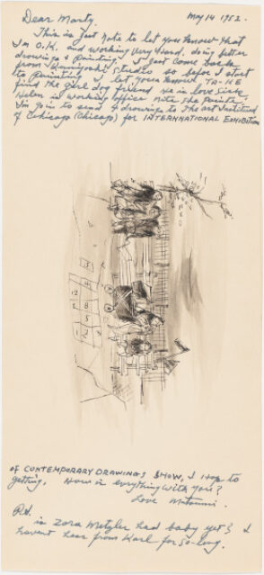 Letter to J. Blankfard Martenet with a Drawing of People Sitting on Benches in a Park