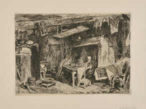 Intérieur de Ferme avec un Paysan assis devant une table, près d’une grande cheminée, une scie est accrochée au plafond