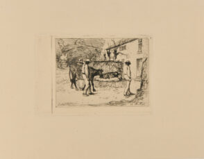 Paysans rapportant à leur habitation un jeune veau né dans les champs