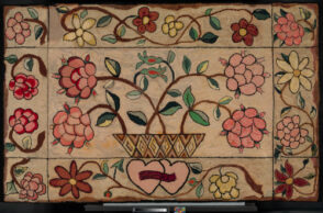 Handcrafted Hooked Rug with Large Floral Bouquet & Joined Hearts