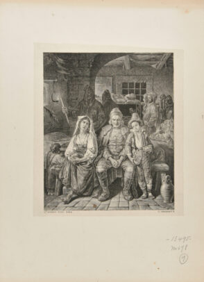 Interior Scene with Man Seated on Bench at Center