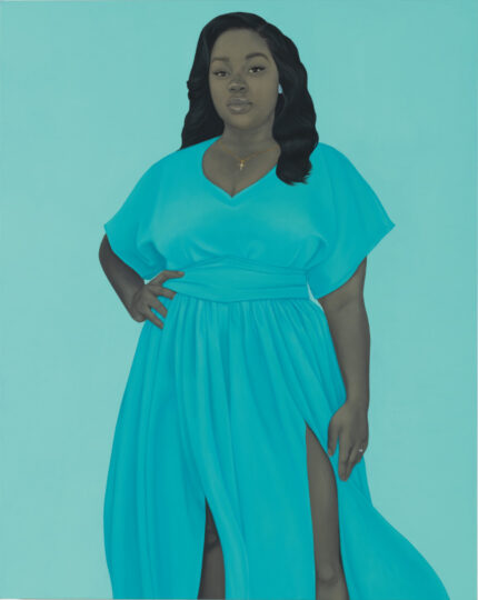 A painting depicting a woman with gray-toned skin and long, dark, wavy hair, wearing a bright blue V-neck dress with a high slit and a cinched waist. She stands with her left hand on her hip against a solid blue background, wearing a gold cross necklace and light blue teardrop earrings.