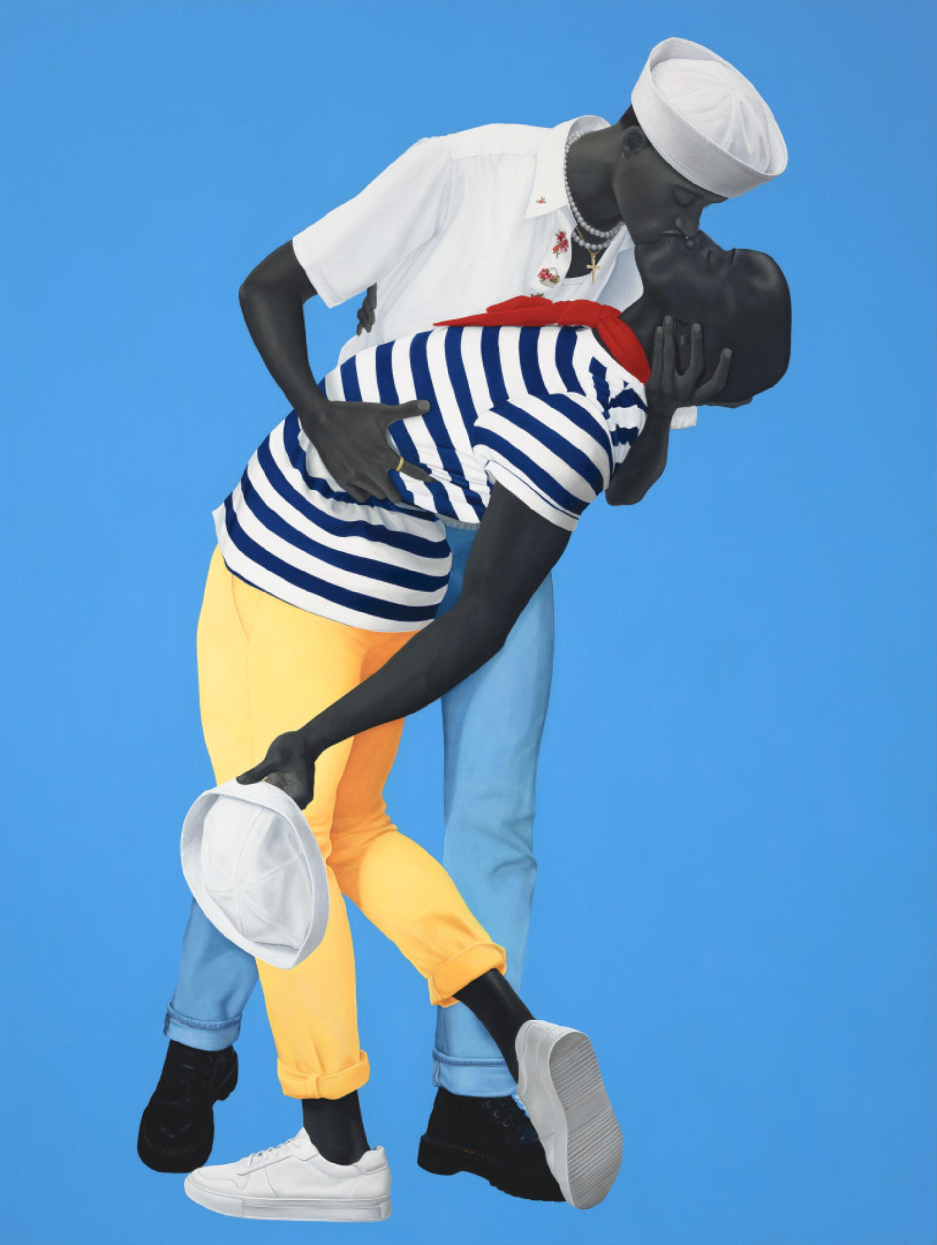 A painting depicts two figures with gray-toned skin embracing and kissing against a solid blue background. One figure, wearing a white sailor's hat and shirt, stands upright while dipping the other, who wears a striped shirt, yellow pants, and holds a white sailor's hat.
