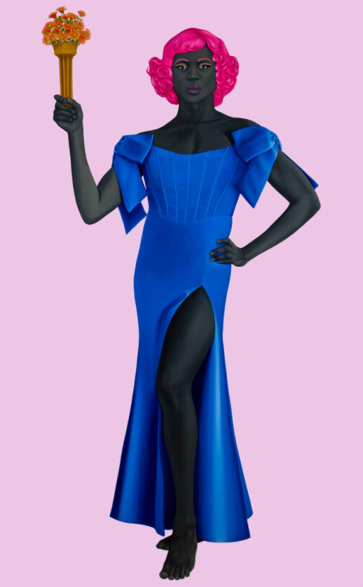 A full-length portrait of a figure with gray-toned skin and bright pink curly hair, wearing a vibrant blue gown with a high slit. The figure holds a golden torch-like object with orange flowers in one hand and places the other hand on the hip. The background is pale pink.