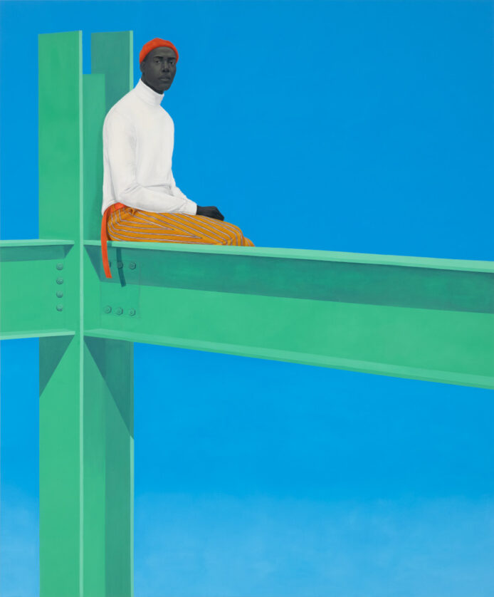 A painting features a person with gray-toned skin in a red cap, white turtleneck, and orange striped pants, seated on a green I-beam. The I-beam forms a cross shape against a clear blue background.