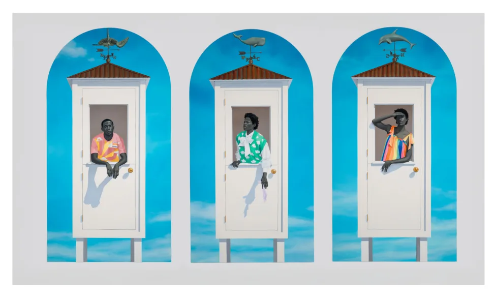 All three canvases depict a singular adult figure with skin tones rendered in grayscale standing in small, slender, white tower structures against a blue background with no horizon in sight. Each tower is inset with a slightly recessed doorway. Within each doorway is a closed Dutch door.