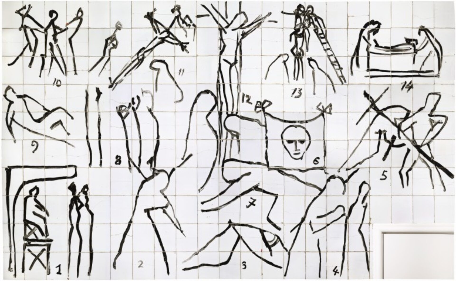 A grid of white tiles features 14 numbered black line drawings depicting figures in various poses. Scenes include a crucifixion, figures carrying crosses, and others being lowered from a cross.